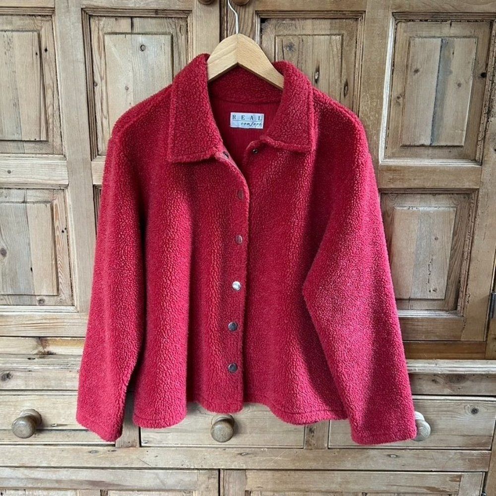 Vintage Real‎ Comfort Red Sherpa Jacket Coatigan Button Front Sweater Cozy